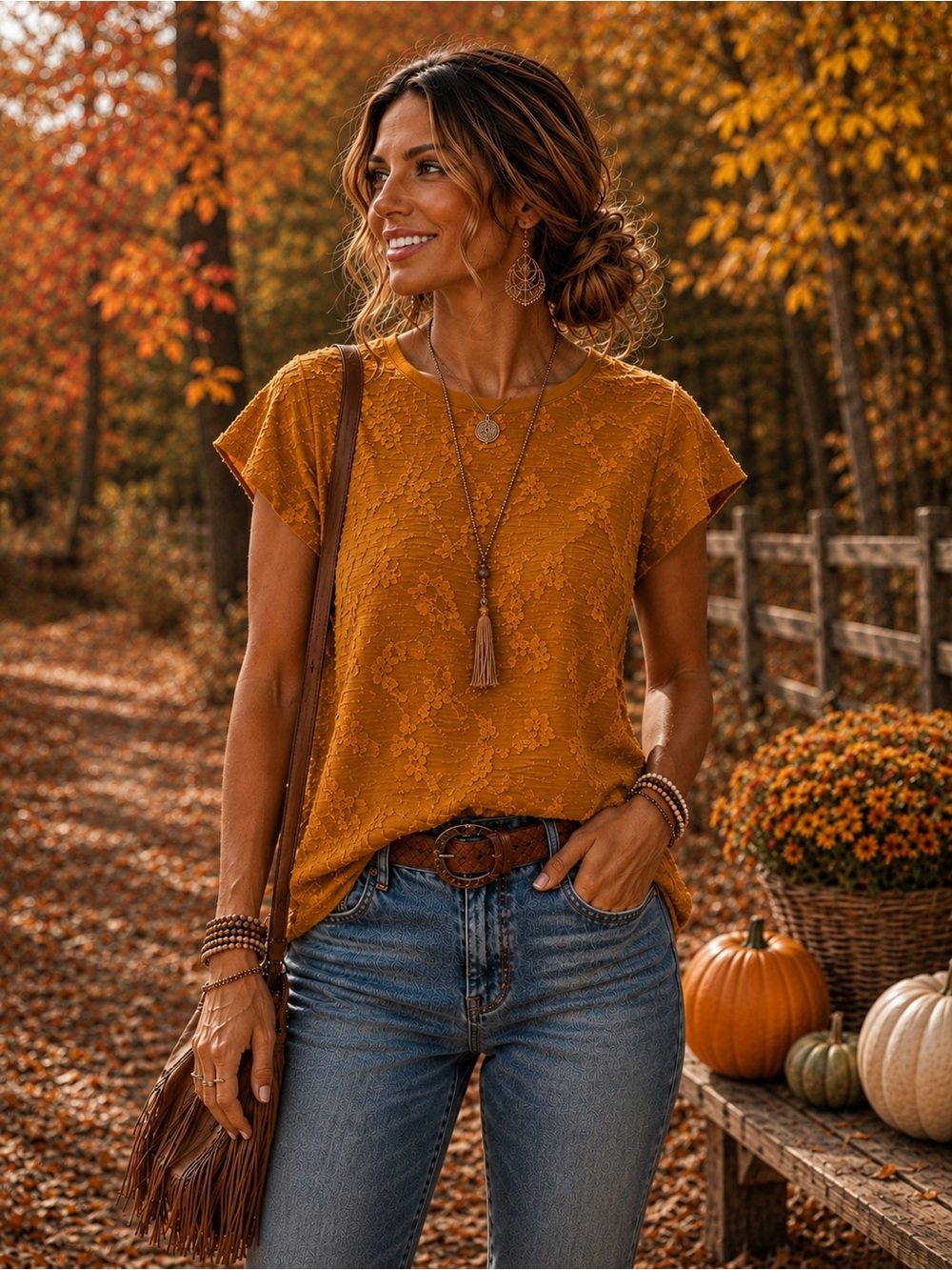 Easel Mustard Textured Flutter-Sleeve Blouse Med